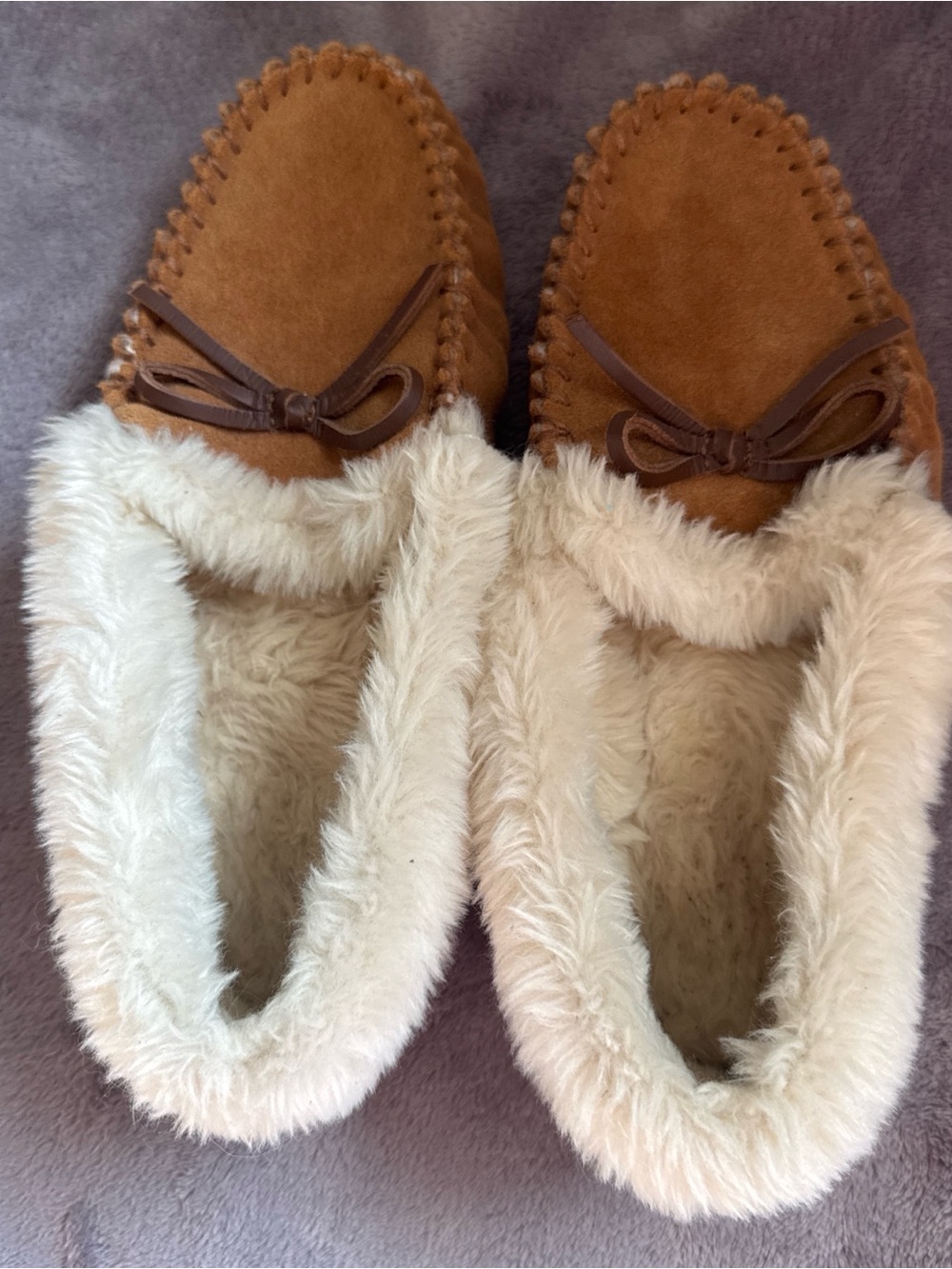 J. Crew Chestnut Faux-Suede Moccasin Slippers with Cream Plush Lining
